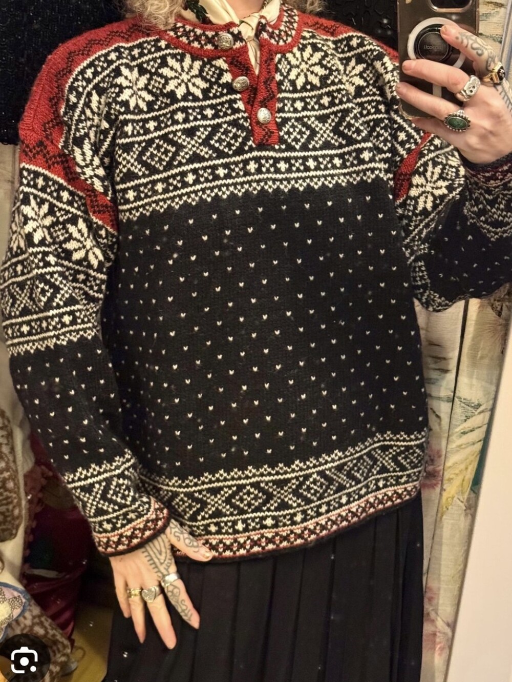 L.L. Bean Nordic Fair Isle Knit Pullover with Red Trim Sz.S